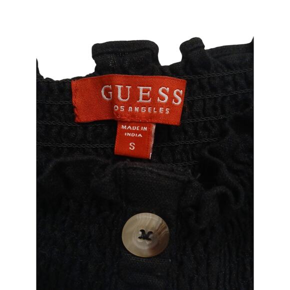 Y2K GUESS Linen Jumpsuit Sz S BLACK Smocked Tube Wide Leg Glam Goth Barbiecore - Picture 14 of 16